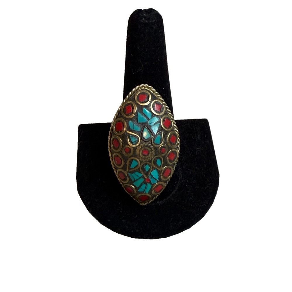Tibetan Nepalese Brass Handmade Vintage Beaded Size 11 Ornate Estate
